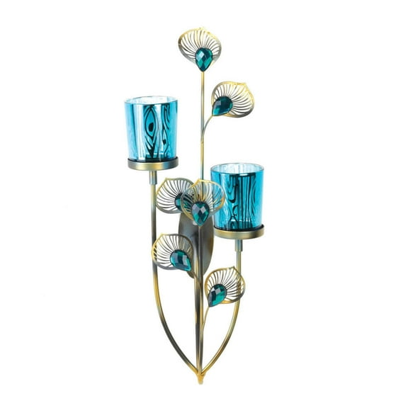 Zingz & Thingz Peacock Plume Candle Wall Sconce - 14.5" - Blue and Gold