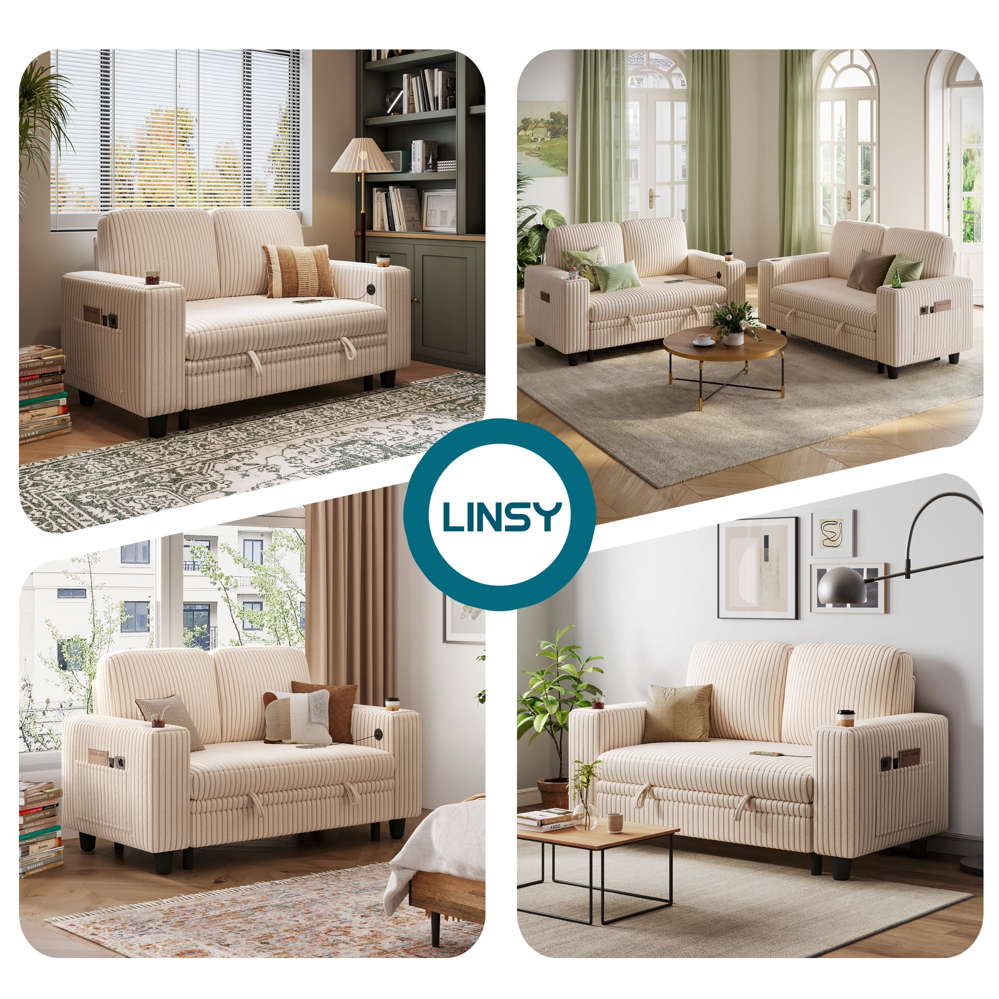 LINSY HOME Pull Out Couch Chaise Lounge for Living Room, Convertible Loveseat Sofa Couch With Usb & Cup Holder, Beige