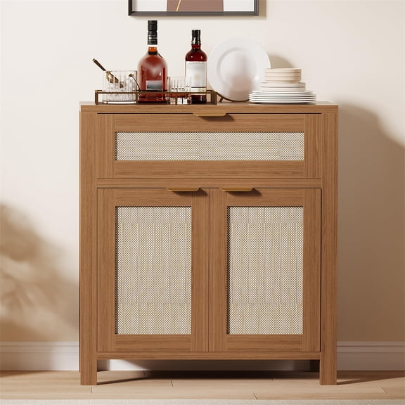 Rattan Sideboard Buffet Cabinet, Farmhouse Natural Storage Accent Cabinets with Drawer and Adjustable Shelf for Home Living Room Entryway
