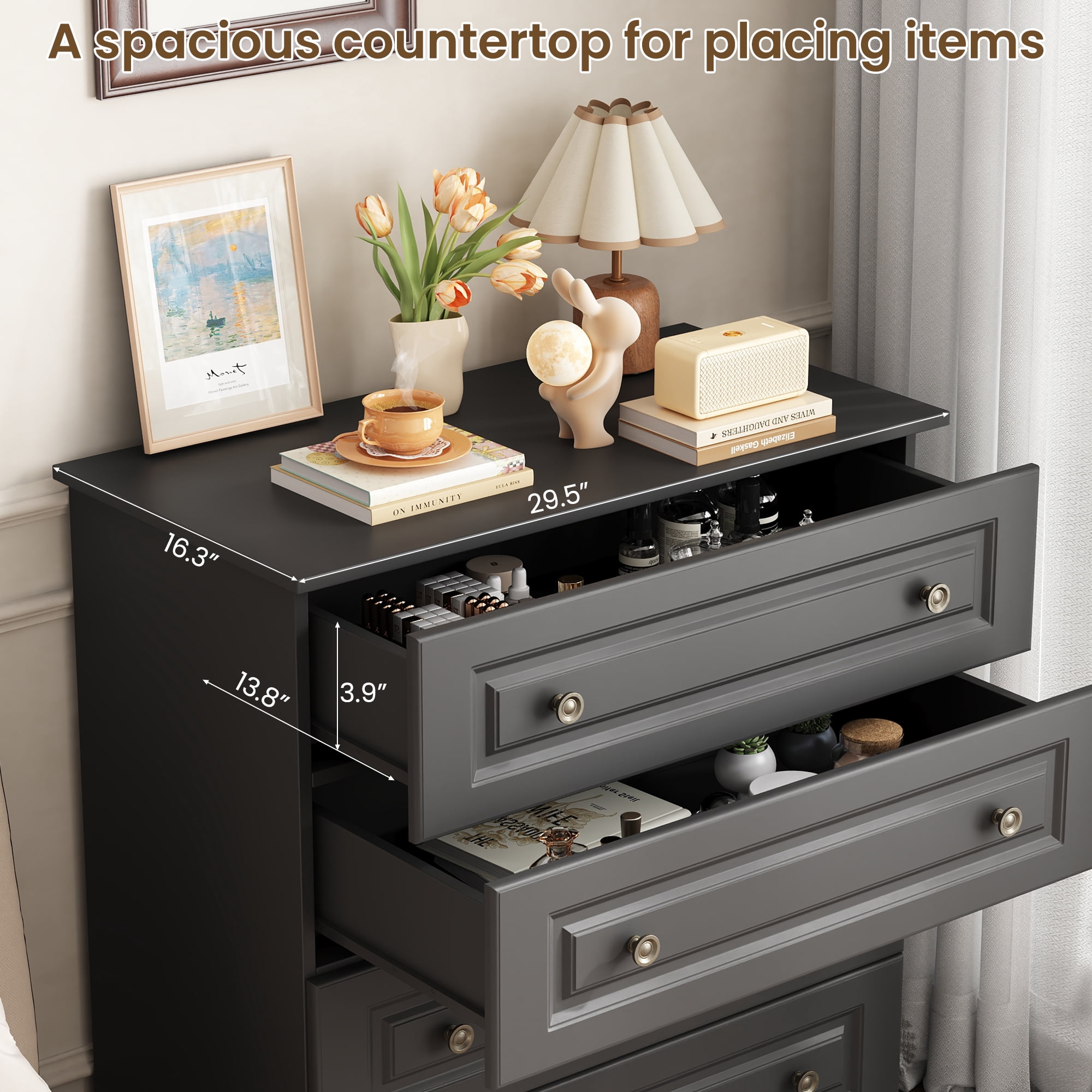 IDEALSOUL 4 Drawer Dresser, Retro Storage Cabinet with Large Space, Chest of Drawers for Bedroom, Hallway, Entryway, Black