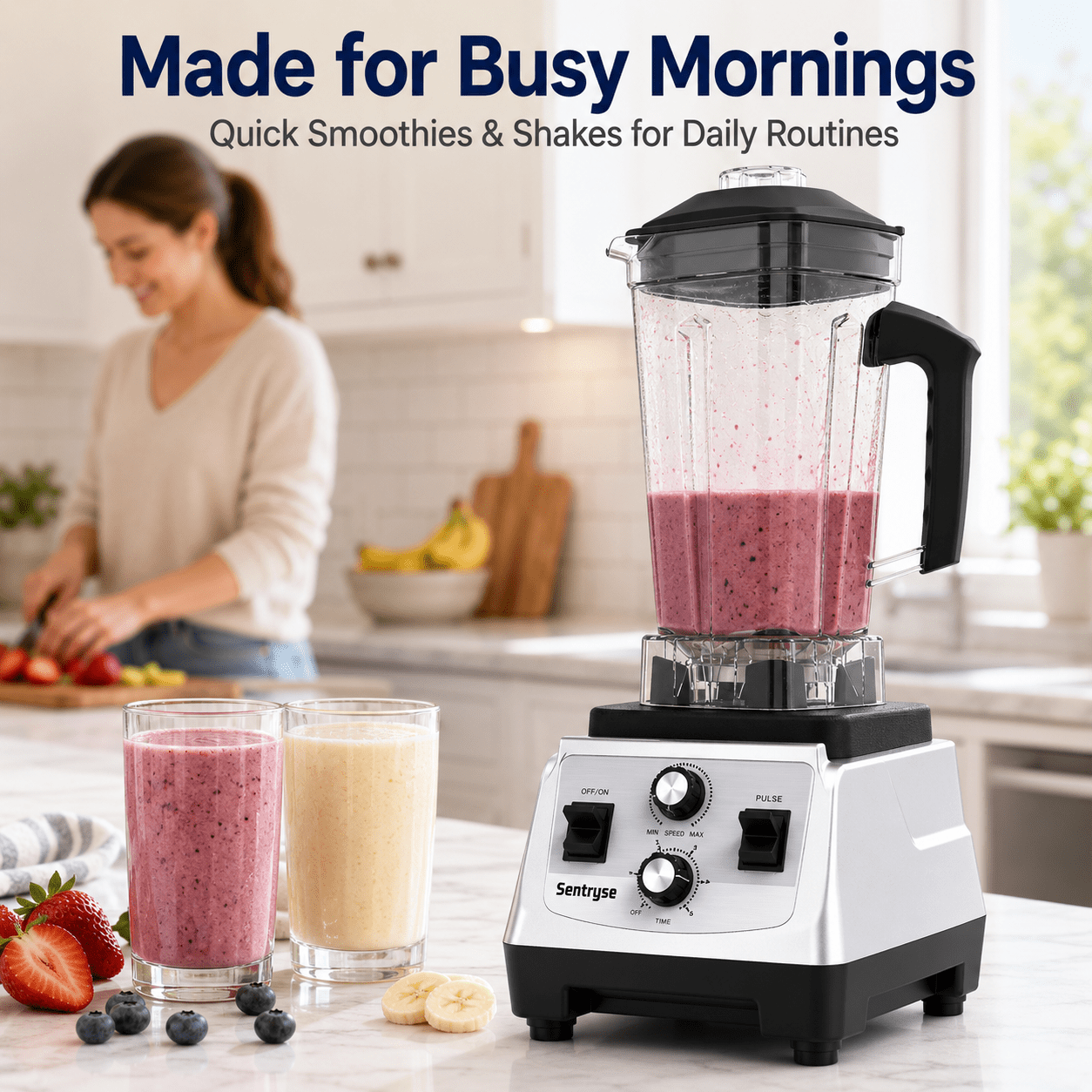 Sentryse Blender for Smoothies, 1800W Countertop Blender with 68 oz Pitcher & 20 oz Grinding Cup, 28000 RPM Kitchen Blender for Ice Crushing, Frozen Drinks, Milkshakes and Sauces