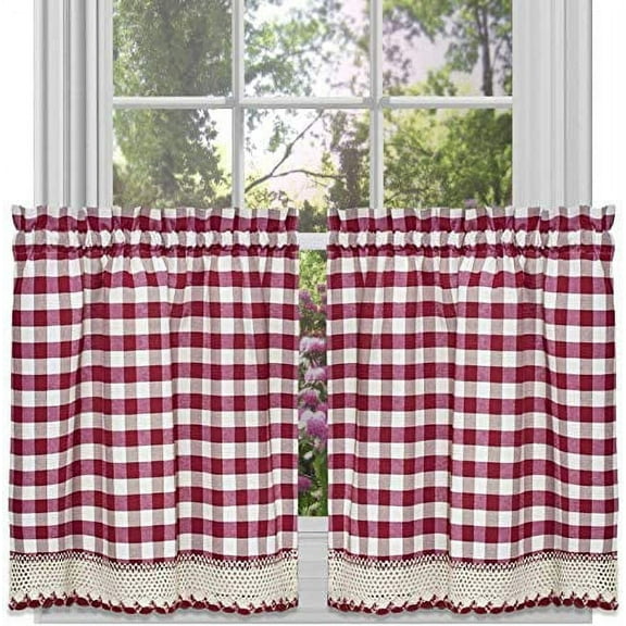 Farmhouse Curtains Kitchen Décor, Buffalo Plaid Valance, Classic Country Plaid Gingham Checkered Design, Farmhouse Décor, Window Curtain Treatments (Burgundy, 36" Tier Pair)
