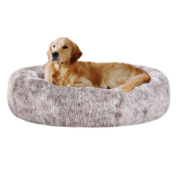 Cama ovalada calmante para perros Coohom con forma de dona, de piel sintética, lavable, redonda, para mascotas (76,2 cm/91,4 cm) para perros pequeños y medianos (XL (91,4 x 68,6 x 17,8 cm), color marr