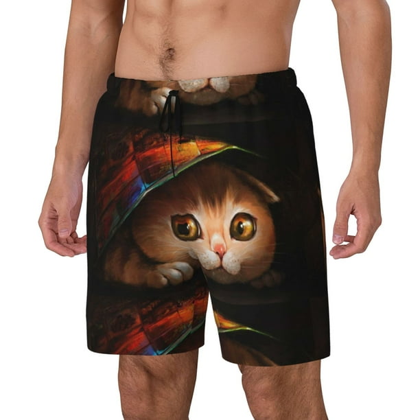 Balery Animal Cat Bañador para hombre, shorts de playa de secado rápido con entrepierna y forro de compresión-Large