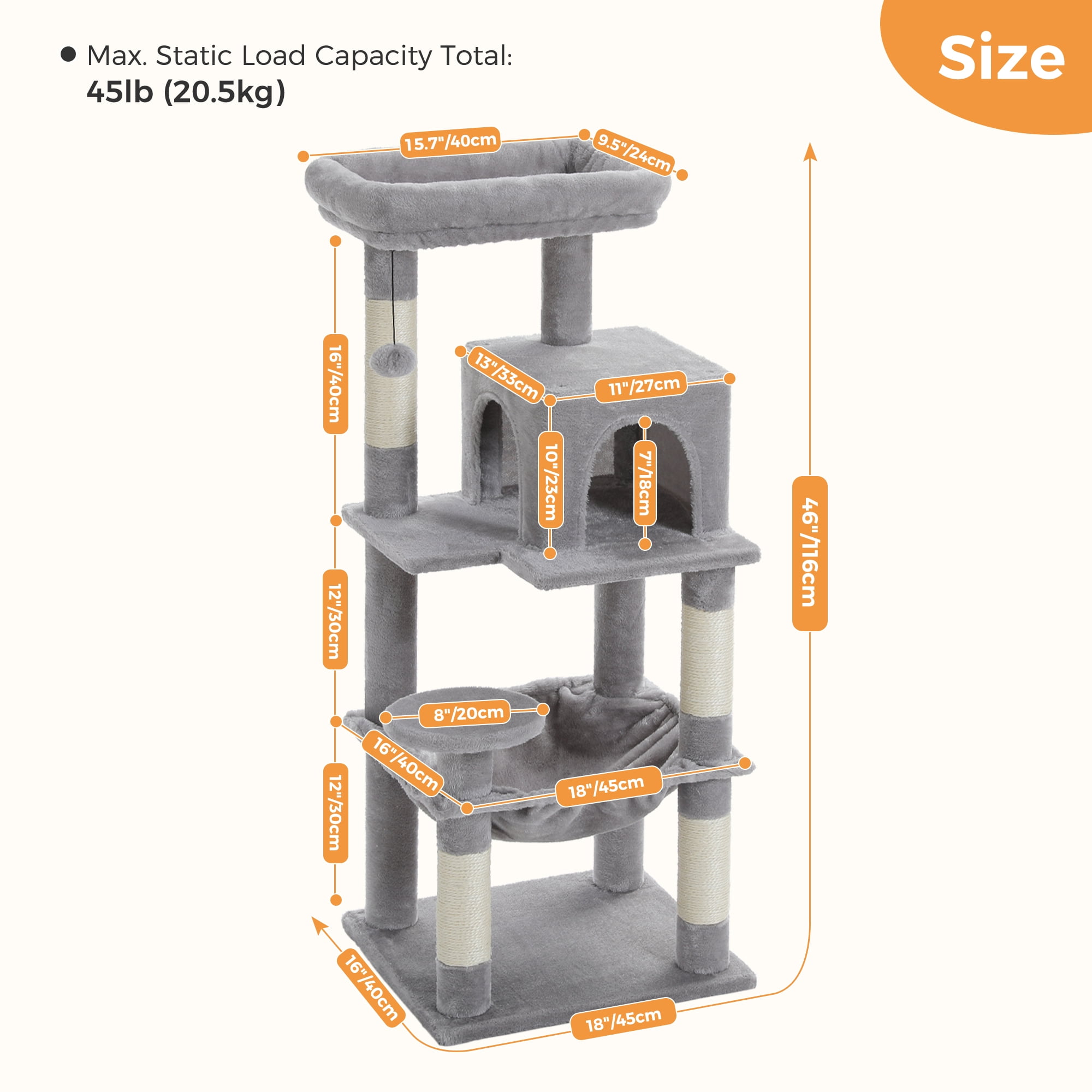 PEQULTI 45.7" Multi-Level Cat Tree Large Cat Tower Indoor with Condo and Hommock Light Gray