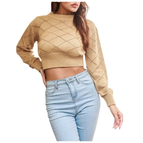 Youmylove Women Knit Long Sleeves Crop Sweater Loose Knitted Pullover Winter Sweater Tops Vintage Knitwear