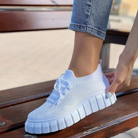 

Aueoeo Running Shoes for Women Flying Woven Round Toe Low-top Breathable Shoes Women s Lace-up Thick Bottom Mesh Sneakers Clearance