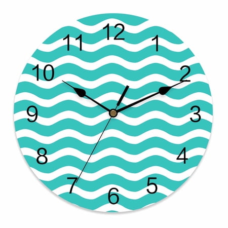 Wall Clock 12 Inch Geometric Striped Pattern Round Silent Decorative Wall Clocks Battery Operated for Living Room Bedroom Kitchen Classroom Decor, Turquoise White Wave Pattern,Large