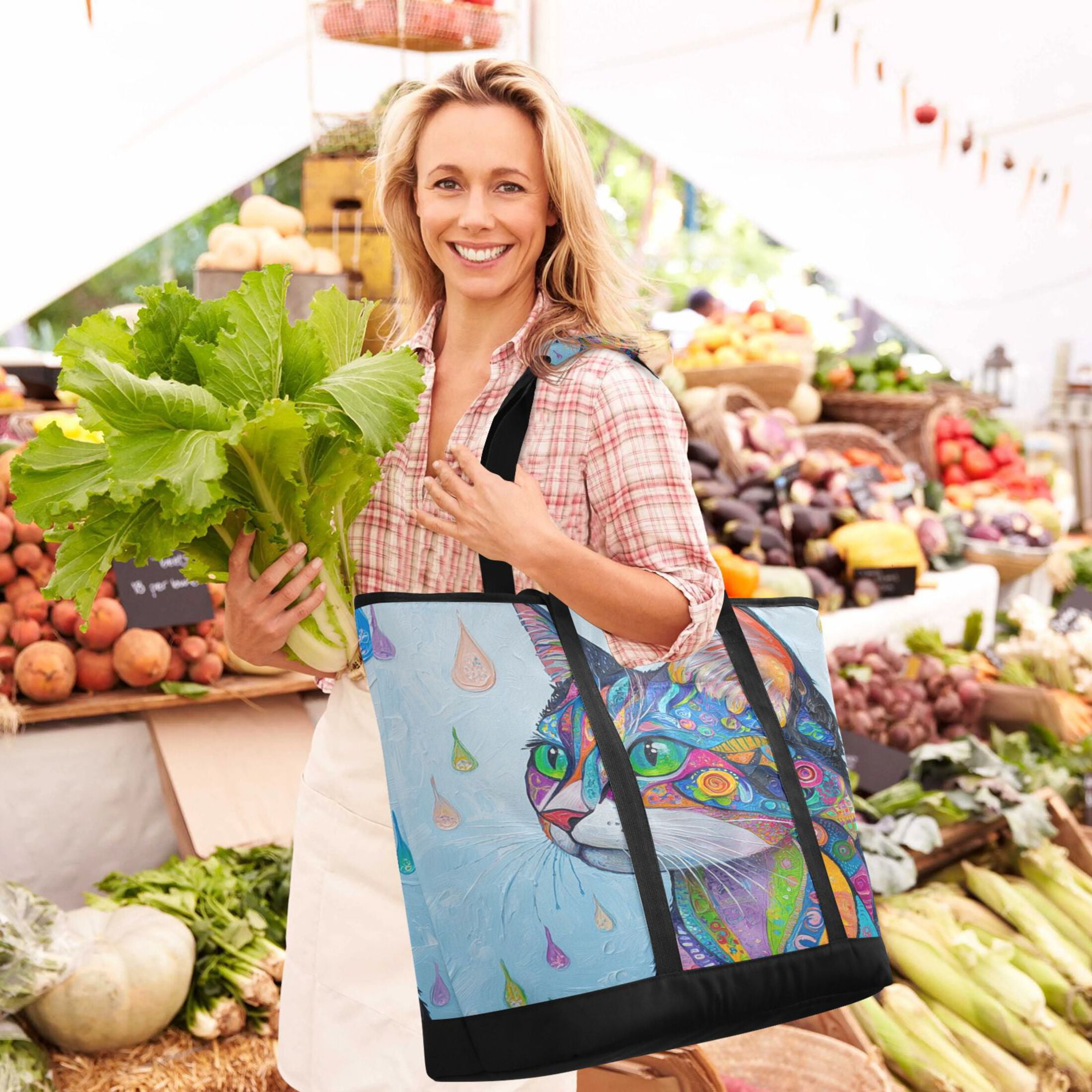 Large Hand-held Ice Pack Picnic Bag Insulation and Refrigeration Suitable for Shopping Picnics and Camping Green Eyes Cool Cat