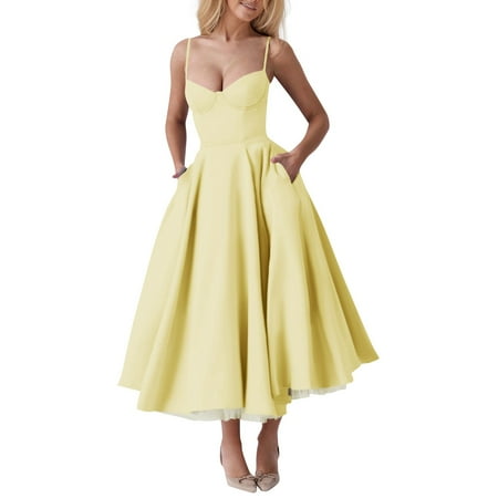 Zhensanguo Plus Size Formal Dresses for Women Spring Vintage A-Line Cocktail Dress Casual 2025 Dress Corset Midi Dresses with Pockets Yellow XL