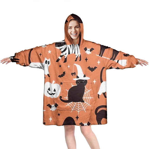 Wearable Oversized Blanket,Halloween Cat Pattern Wearable Blanket Hoodie for Adults,Cozy Hooded Blankets with Super Pockets,Super Warm Fuzzy Pullover for Women & Men