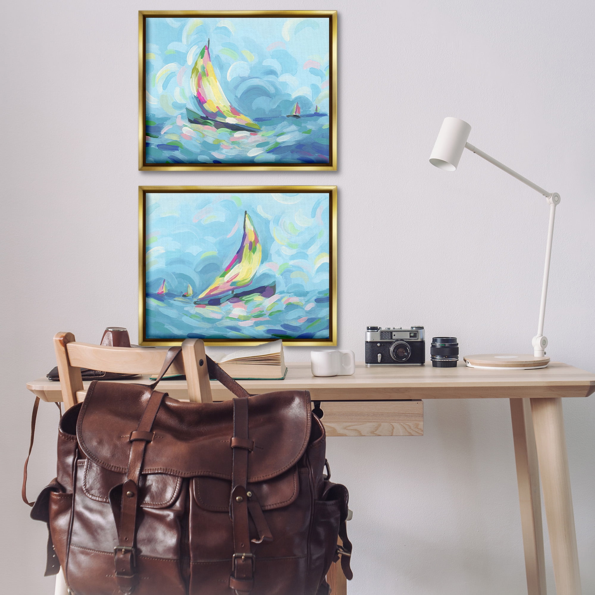Stupell Industries Brushed Maritime Sailboats Transportation Painting Gold Floater Framed Canvas Art Print Wall Art, 31 x 25, Set of 2