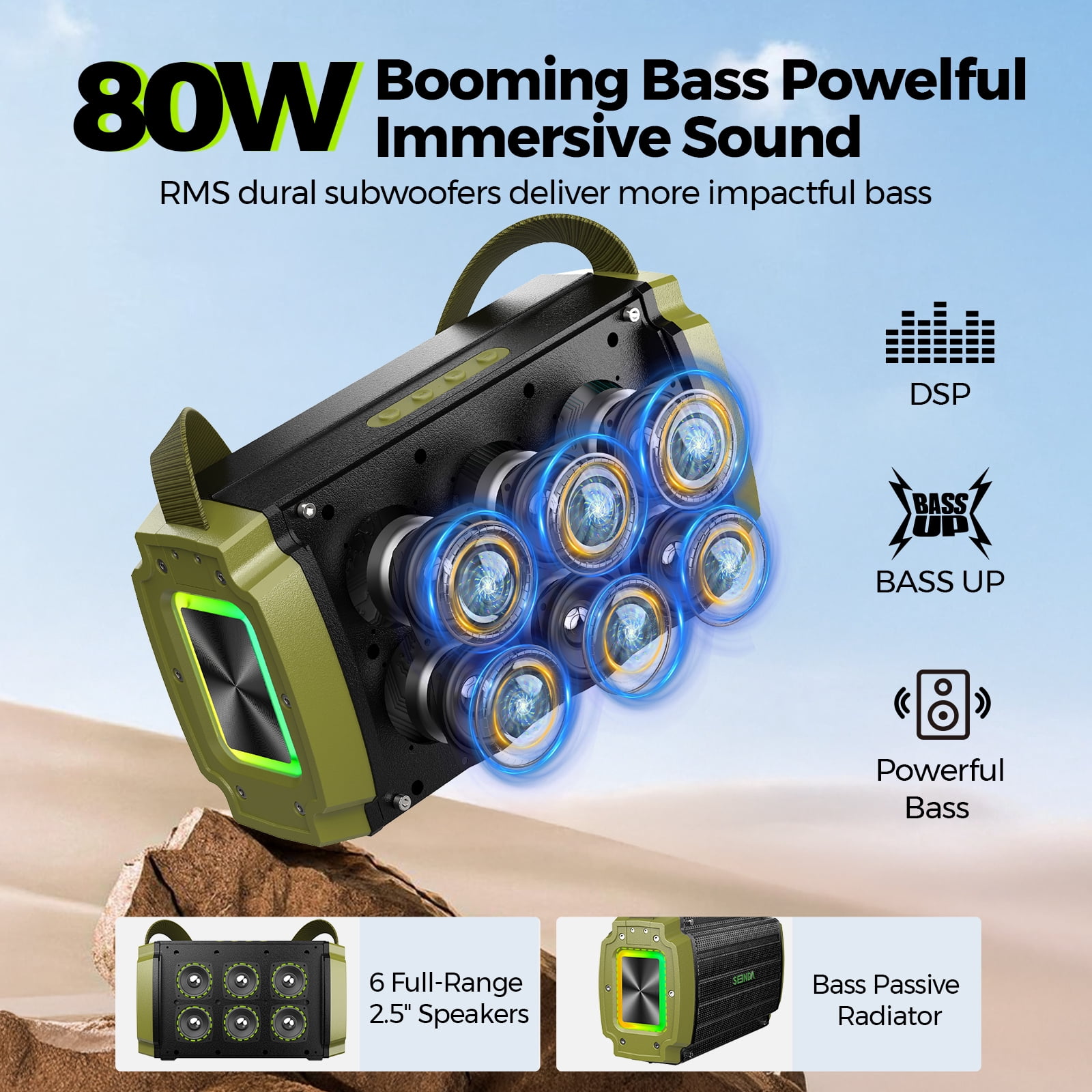 Seenda Bluetooth Speaker, 80W, Subwoofer, RGB Lights, 10H Playtime, IPX6 Waterproof Portable Wireless Speaker with Handle for Outdoors, Camping, Beach