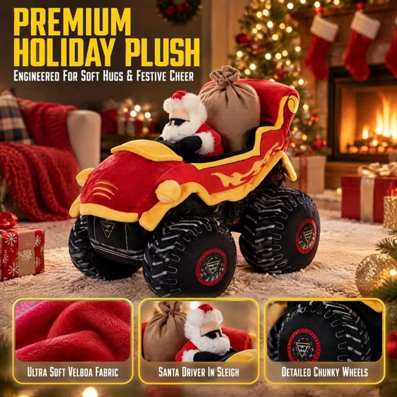 Santa in Monster Truck Weighted Plush Decor Pillow, Christmas Themed Soft Stuffed Ornament for Home Holiday Display