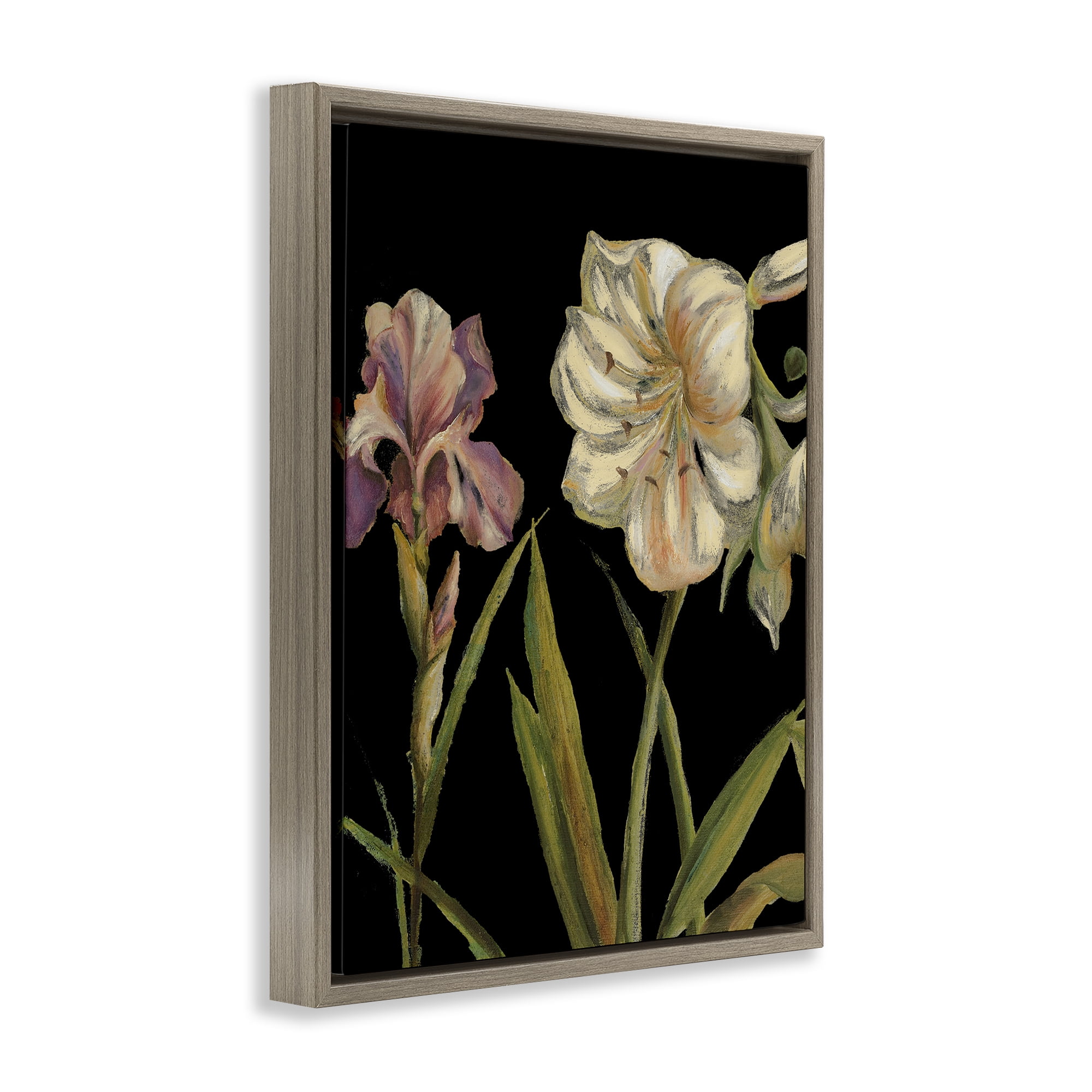 Stupell Industries Iris Flowers on Black Botanical & Floral Painting Brown Floater Framed Canvas Art Print Wall Art, 25 x 31