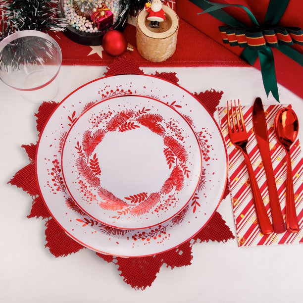Mantel individual de encaje redondo rojo navideño, tejido por urdimbre, diámetro 30 cm, de fibra de poliéster.