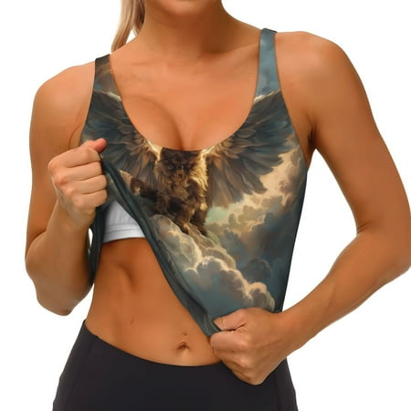 Qokaie Cloud Rainbow Winged Dog Pattern Womens Scoop Neck Sports Bra Breathable Workout Vest Padded U Back Medium Impact Fitness Gym Yoga Bra Workout Crop Top