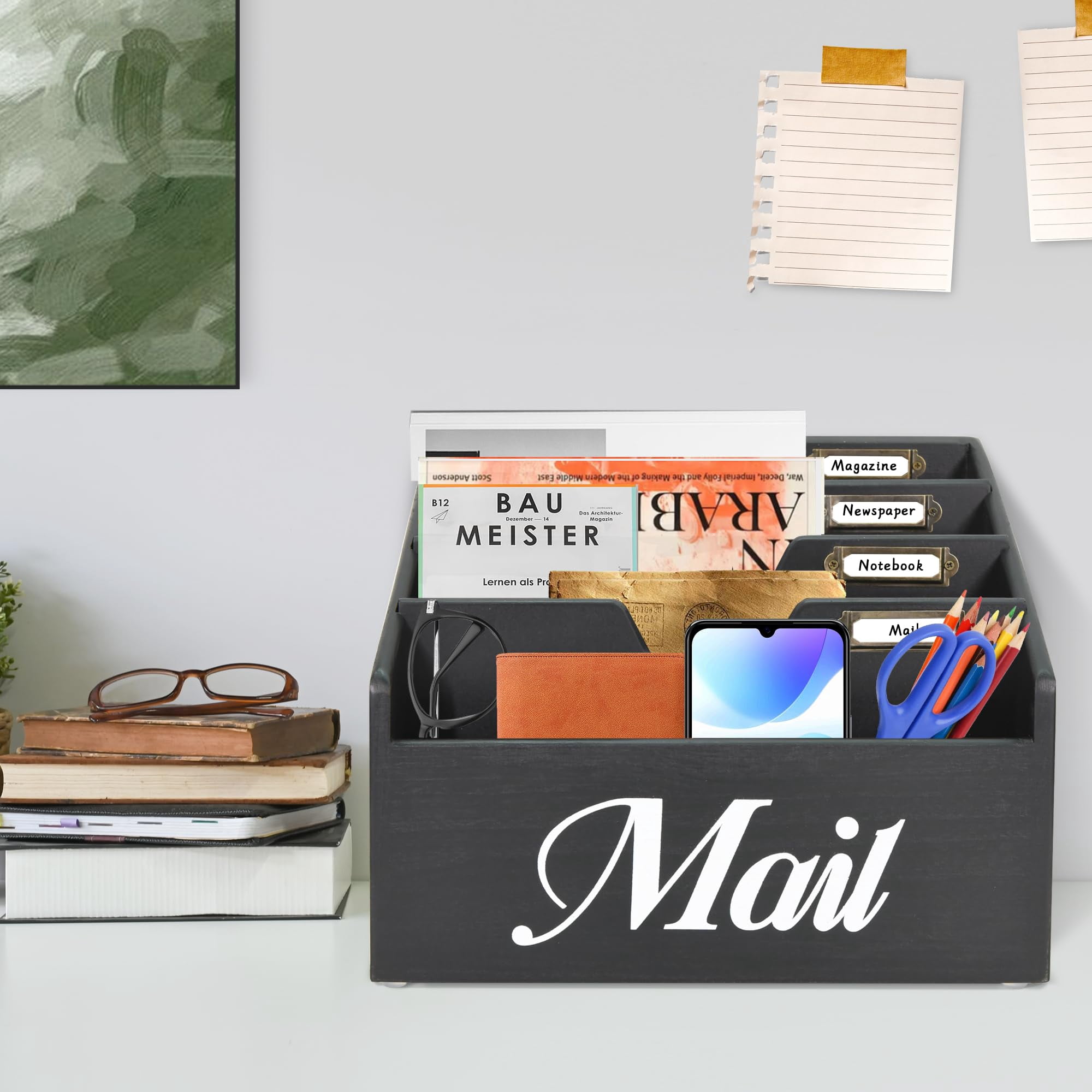 Rustic Mail Organizer for Desk, Mail Holder File Organizer Wall Mount, Office Accessories Mail Organizer Countertop with Removable Partitions, Desk Organizer for File Paper Folder, Black