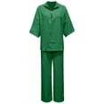 thumbnail image 5 of 2 Piece Outfit for Women Stand Collar Half Zip 3/4 Batwing Sleeve Blouse Matching Wide Leg Pants Solid Linen Look Casual Travel Suit for Spring Summer Vacation Daily Wear, 5 of 5