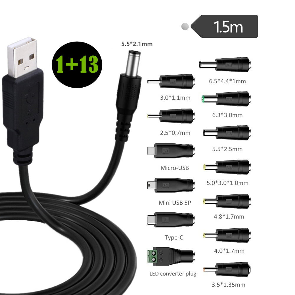 5V DC 5.5 2.1mm Charging Cable Power Cord, USB to DC Power Cable with 13  Interchangeable Plugs Adapters 