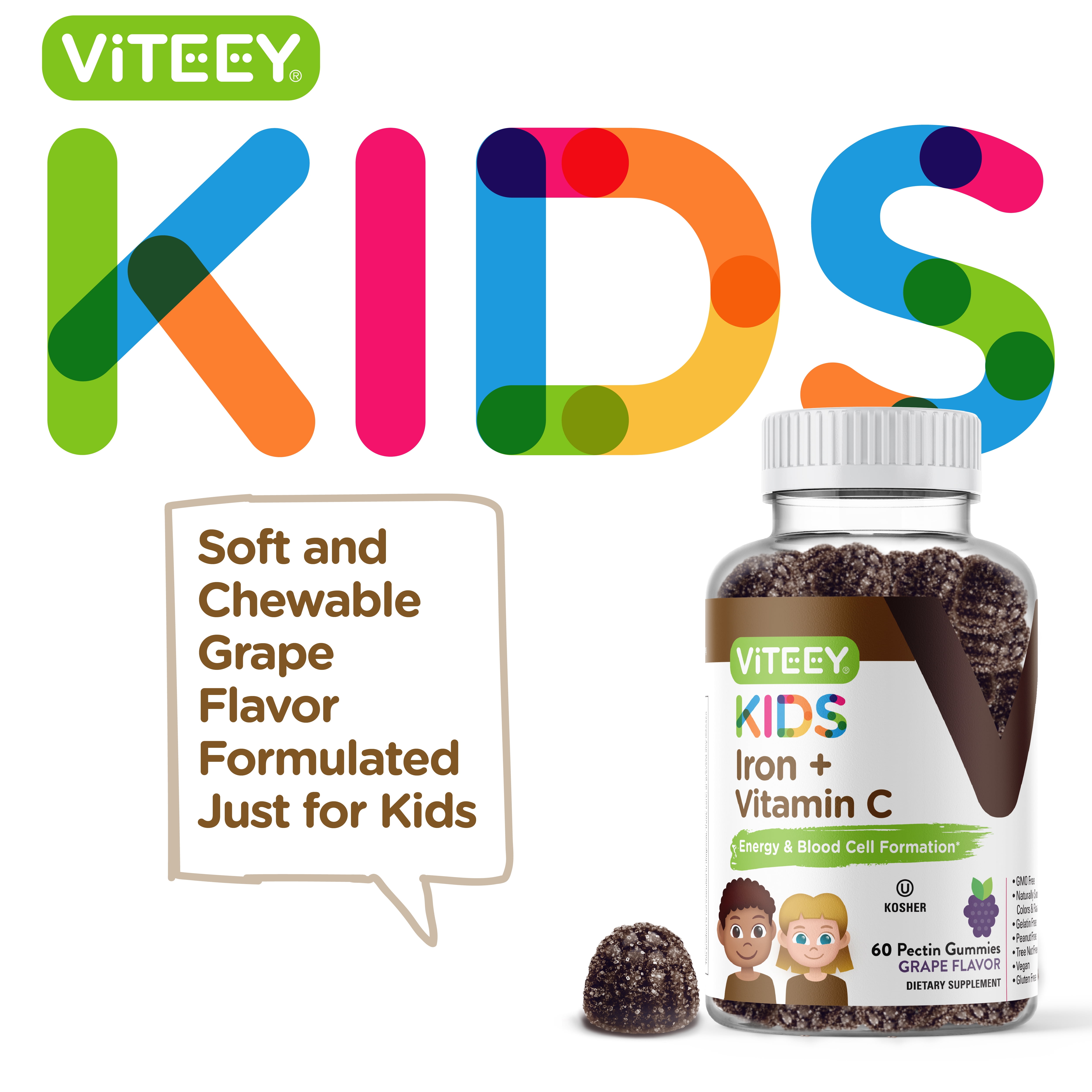 Viteey Iron Gummies for Kids with Vitamin C, Daily Iron Supplement, Grape Flavor, 120 Ct
