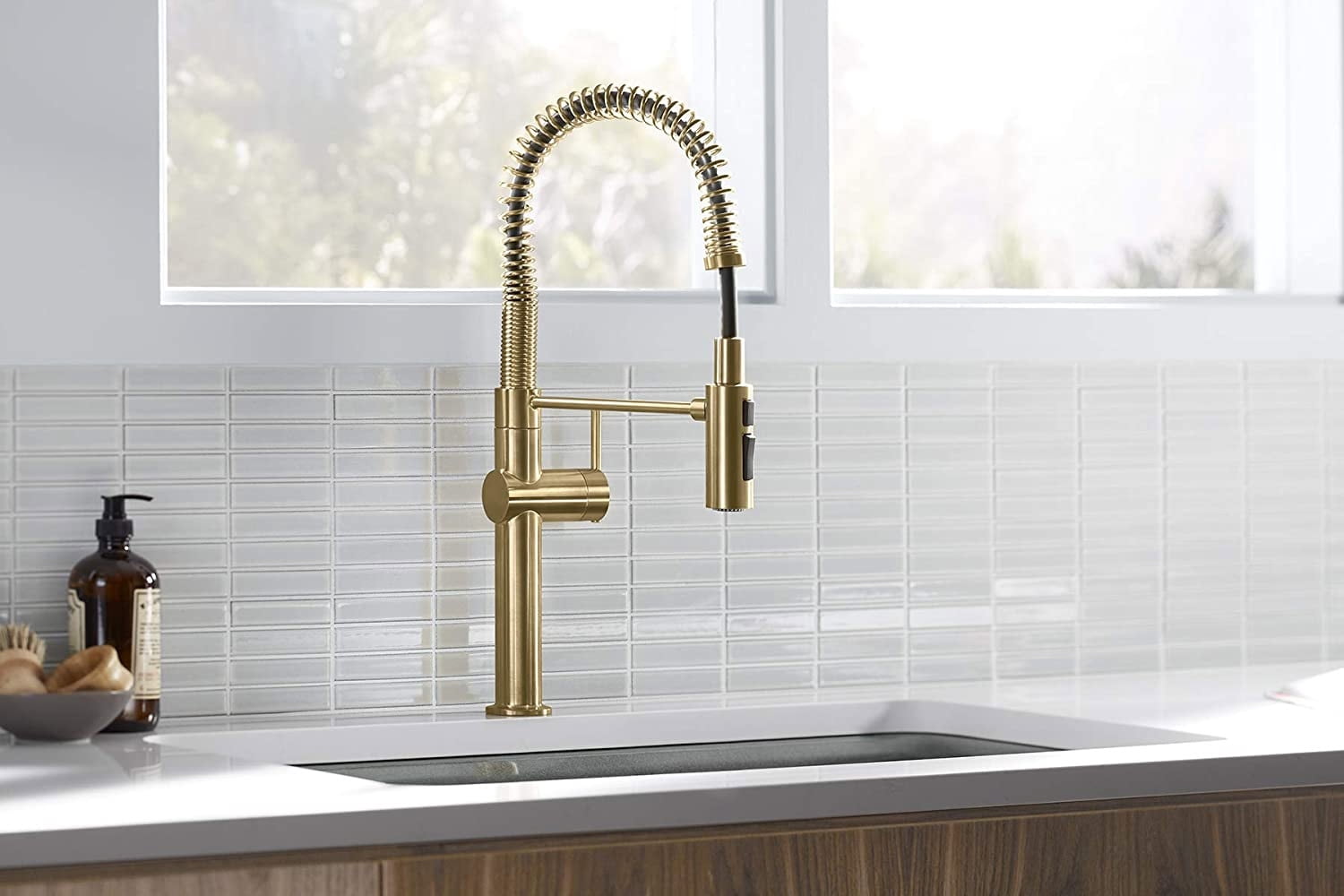 KOHLER 22973-VS Crue High-Arc Kitchen Faucet with Pull Down Spring Spout, Professional Pre-Rinse Kitchen Faucet, Commercial Faucet, Vibrant Stainless