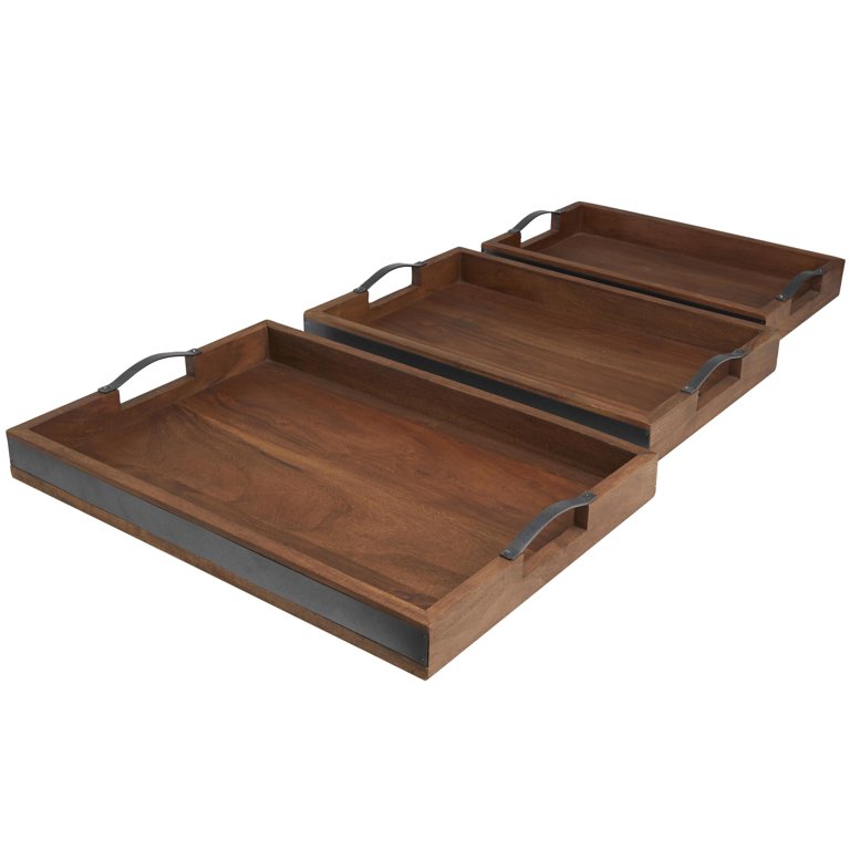 DecMode Brown Wood Tray Set - Decor - 3-Piece Nesting Trays