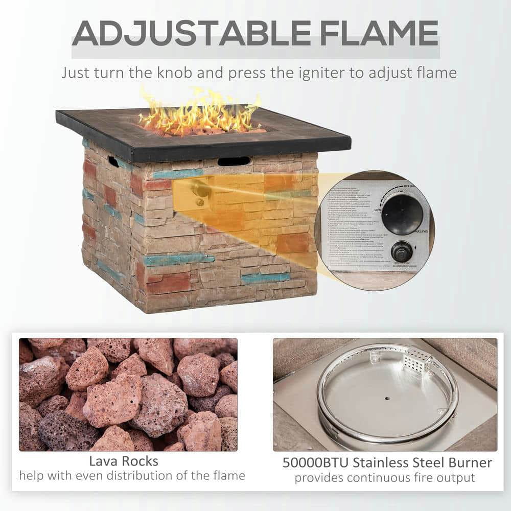 Spaco 32 Inch Propane Gas Fire Pit Table, 50,000 BTU Auto-Ignition Square Firepit with Lava Rocks and Rain Cover, Faux Ledge Stone Gas Firepit for Outdoor as Patio, Picnic, Backyard, Brown