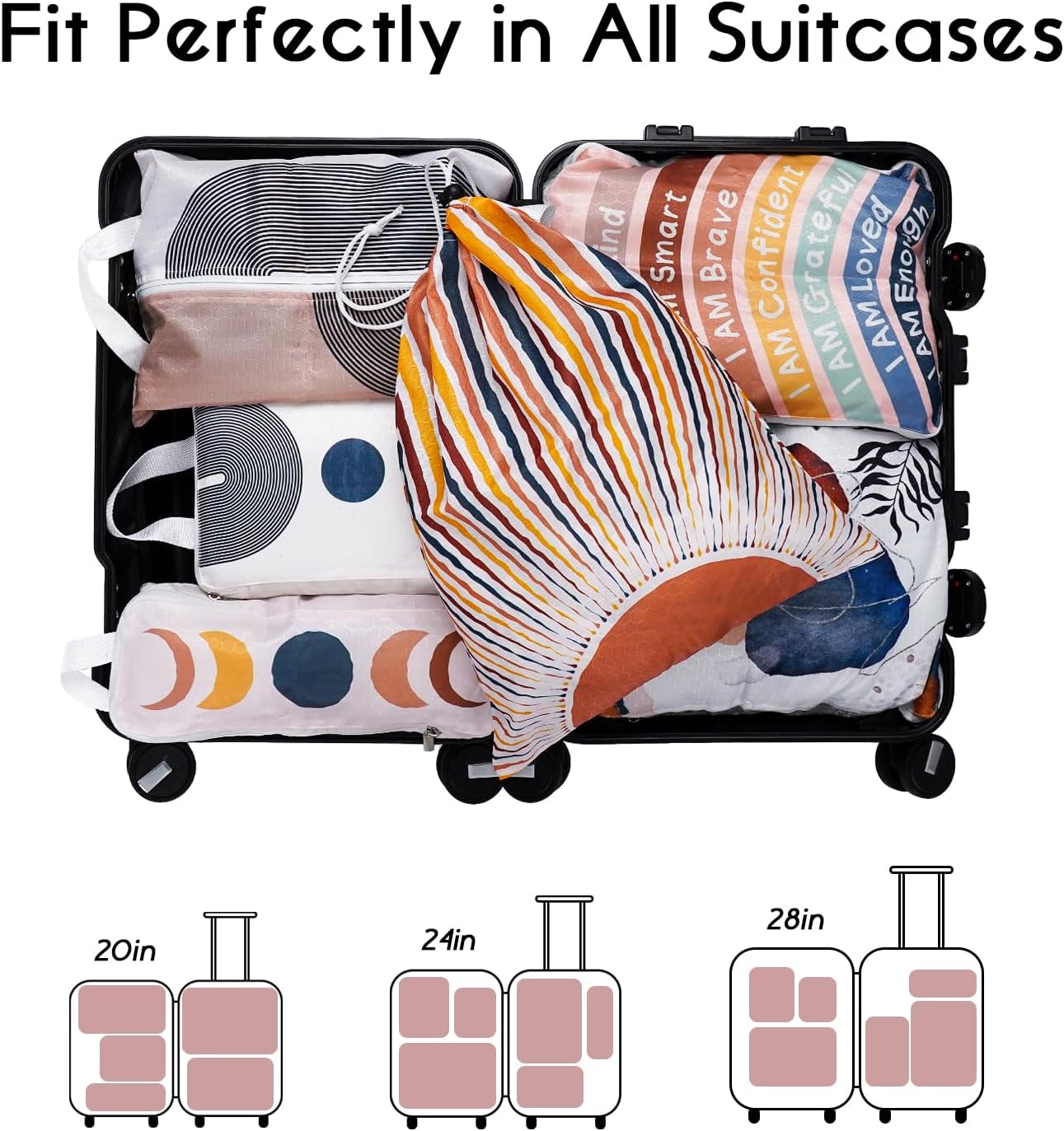 6 Set Compression Packing Cubes for Travel,Bohemia Packing Cubes for Suitcase Luggage Organizer Bags,Travel Essentials for Carry on Backpack,Ultralight and Waterproof(Boho Mid Century Minimalist)