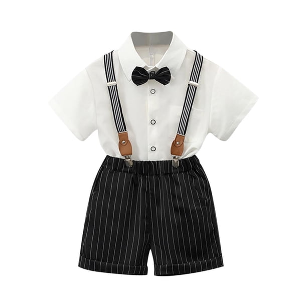 Odeerbi Chicos 4 Piezas Caballero Traje Formal Preppy Vestido de Manga Corta Camisa de Vestido + Traje Pantalones Cortos + Colgantes + Corbata Colegial Conjunto de Uniforme