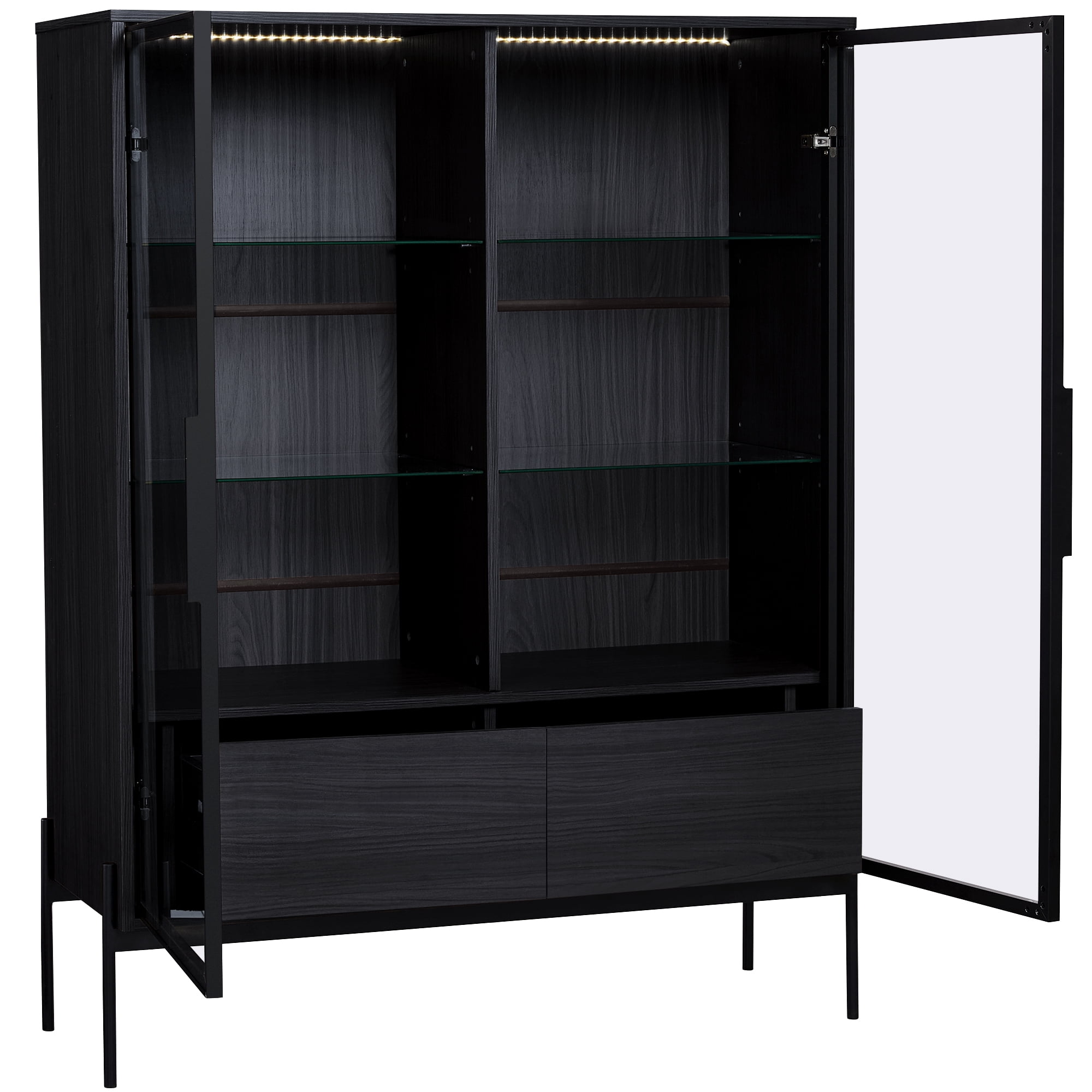 Euroco Modern LED Lighted Glass Display Cabinet with Drawers and Aluminum Frame Doors, 4 Adjustable Glass Shelves, 39.8” Wide Showcase