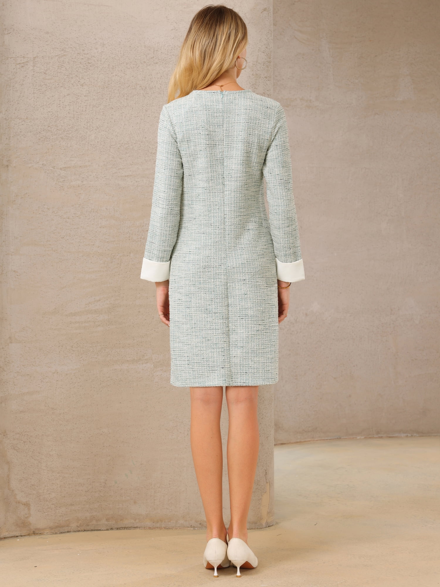 DARING DIVA Women's Tweed Formal Work Long Sleeve Sheath Dress XL Cyan Blue