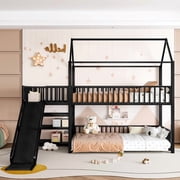 Bellemave Bunk Bed with Slide and Stairs, Metal Twin Over Twin House Bunk Bed Frame with Storage Shelves, Floor Low Bunk Beds for Bedroom (Black)