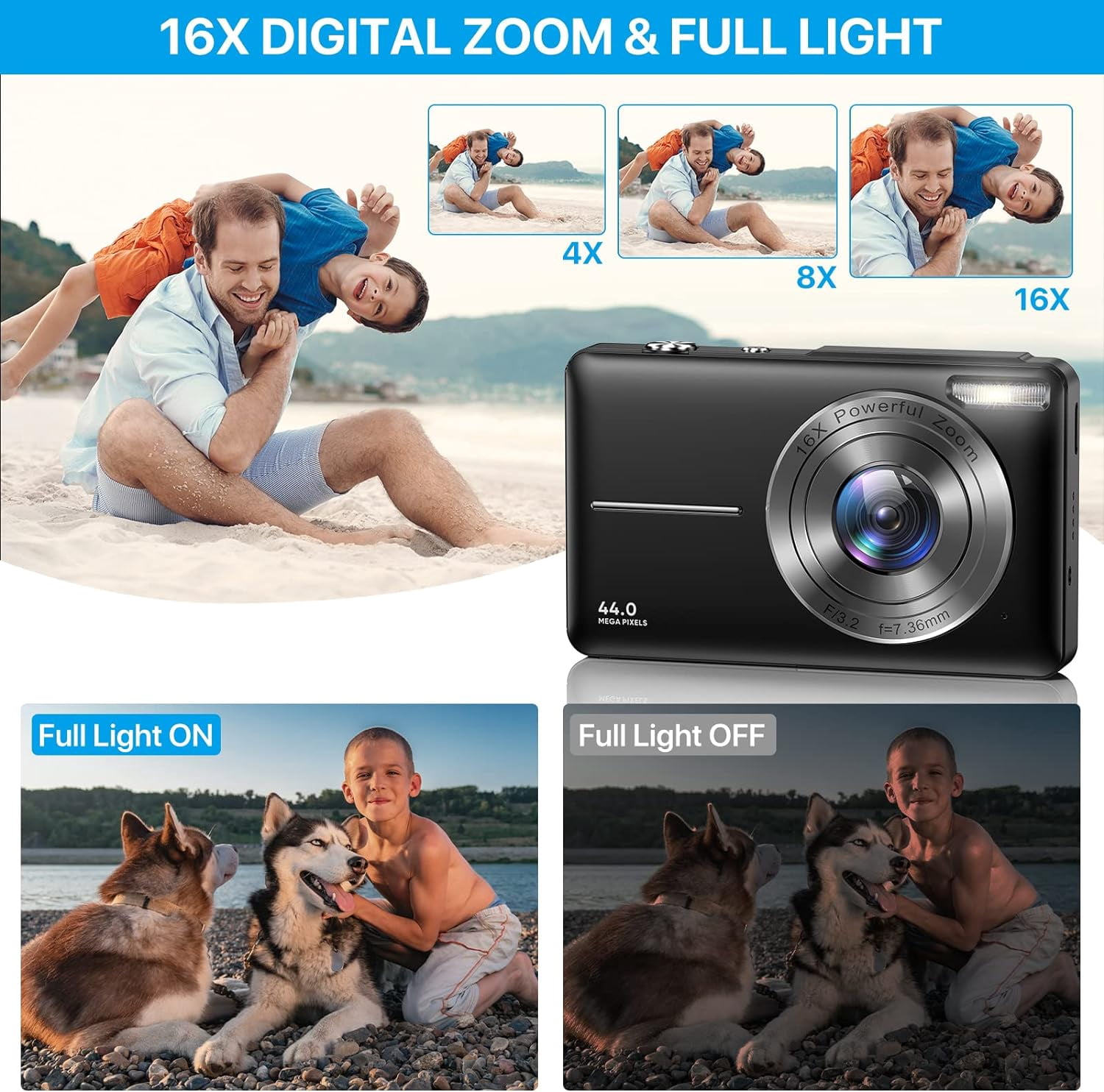 Digital Camera Kids Camera FHD 1080P 44MP Youtube Vlogging Camera 16X Zoom Portable Digital Cameras for Teens Seniors with 32GB Card (Black)