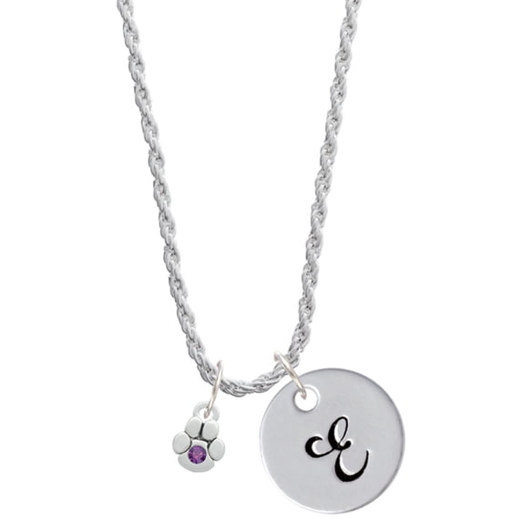 Delight Jewelry Silvertone Mini Paw with Purple Crystal Silvertone Script Initial Disc - E - Charm Necklace, 20"+3"