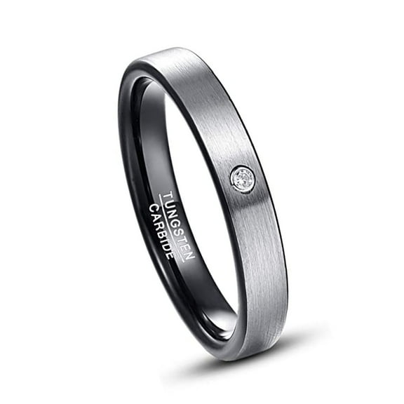 Vakki 4mm Duo Tone Silver Tungsten Carbide Ring with Cubic Zirconia Brushed Wedding Band for Men Women