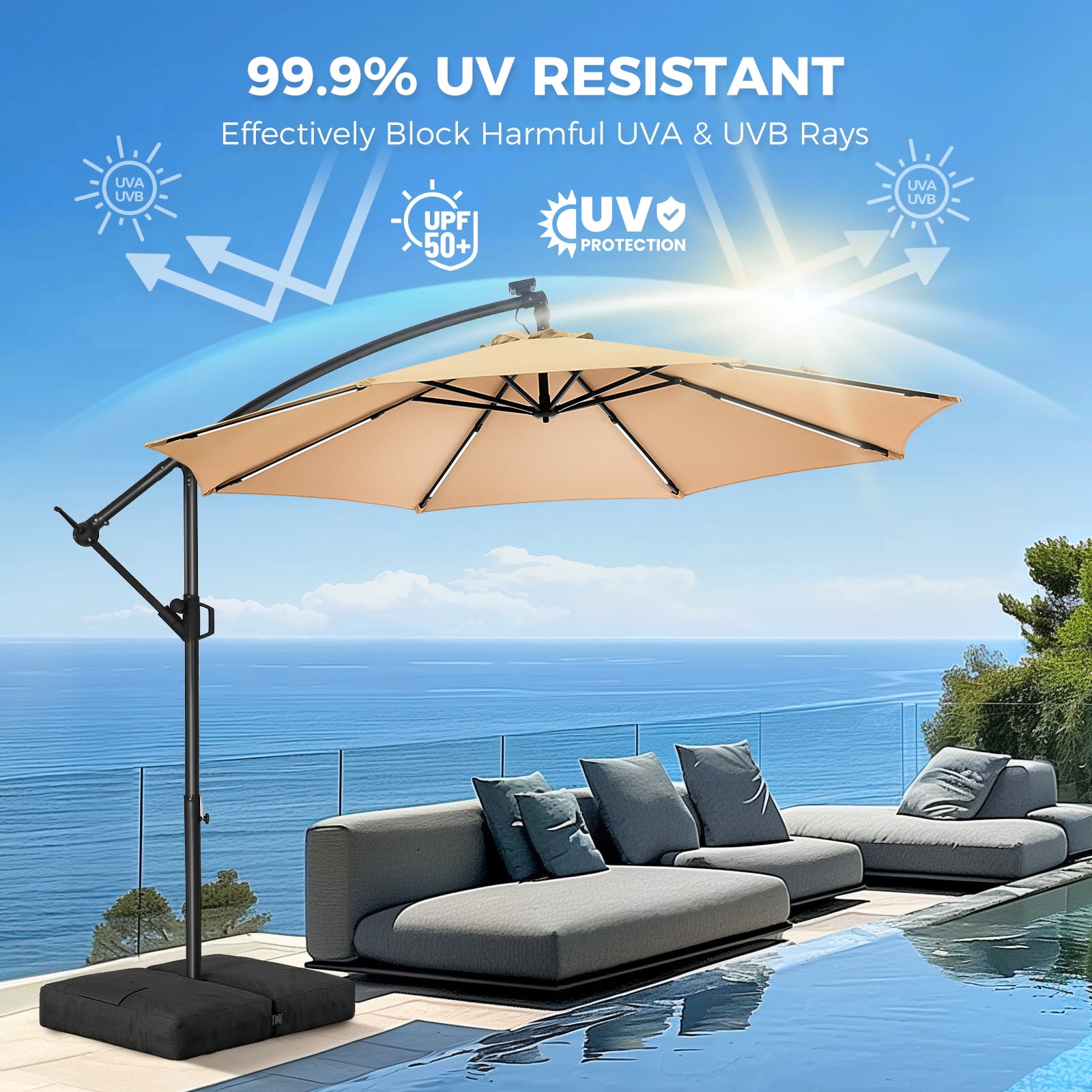 Patbrela 10ft Offset Patio Umbrella with Base, Cantilever Hanging Outdoor Umbrella with Solar Light Strips, Tilt Adjustment, Market Umbrella for Yard, Garden, Beach, Pool & Deck, Beige