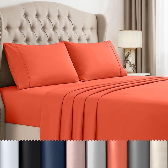 Beddora Queen Bed Sheet Set, 4 Piece 1800 Series Microfiber Sheet Set, Soft Cooling, Deep Pocket, Wrinkle Resistant, Orange