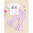 thumbnail image 2 of Suealasg Kids Little Girl 2Pcs Summer Outfits Short Sleeve Letter Embroidery Tops + Flare Pants Set 3T 4T 5T 6T Toddler Girl Clothes, 2 of 7