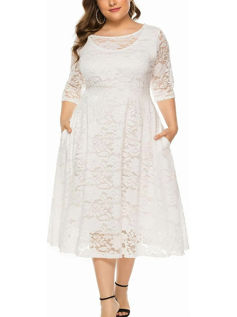 ZANKLEY Women's Elegant Floral Lace Plus Size Midi Dress with Scoop Neck for Cocktail Party Guest Wedding Formal Occasions, Size: 3XL