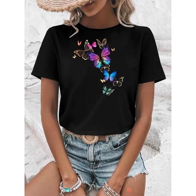 Camisetas de manga corta con estampado para niñas y niñas, de algodón, cómodas para uso diario, playera simple de veranoWomen's Soft Pink Butterfly Print Short Sleeve T-Shirt - Casual Crew Neck, Str