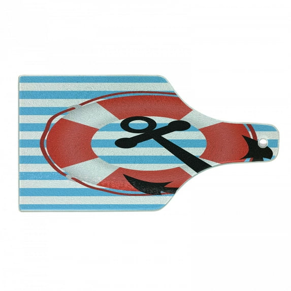 Anchor Cutting Board, Blue Striped Backdrop with Life and Anchor Aboard Travel Protection, Decorative Tempered Glass Cutting and Serving Board, Wine Bottle Shape, Sky Blue Red Black, by Ambesonne