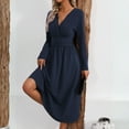 thumbnail image 5 of WTOBBY Women's Fashionable Solid Color V-Neck Long Sleeved Pleated Long Dress - Elegant and Flowy Dress with Pleated Details, Great for Evening Events or Casual Days,Navy 2XL, 5 of 7