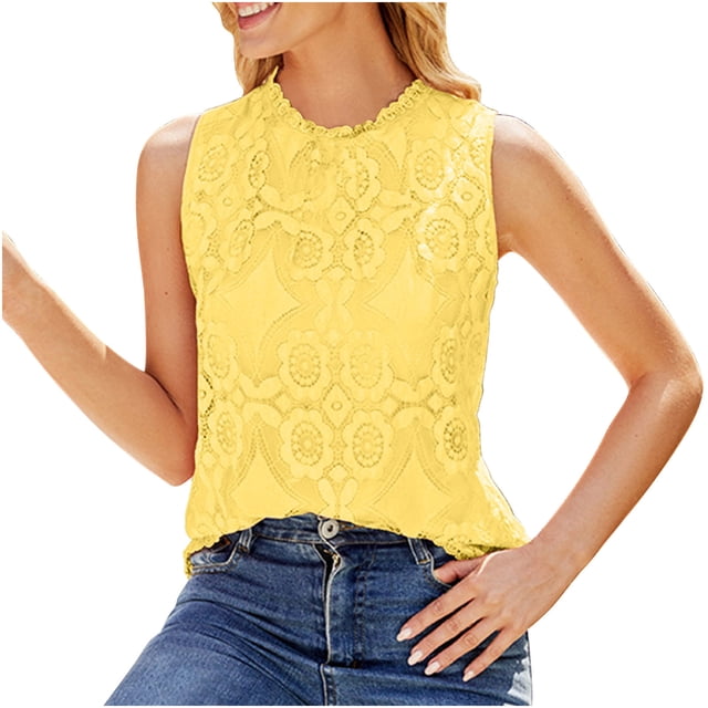 Camiseta sin mangas de cuello redondo de Color sólido de verano para mujer, camiseta de encaje hueco Pompotops lopia994793