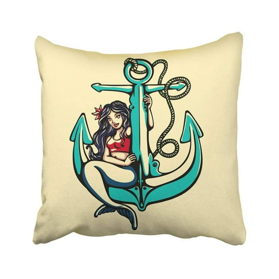 ARTJIA Pinup Pretty Siren Mermaid Pin Up Girl Sitting on Anchor Sailor Old School Style Tattoo Pillowcase 18x18 inch