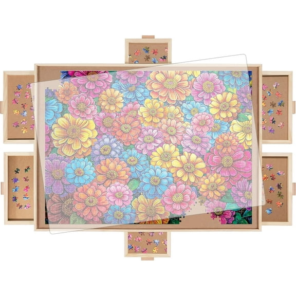 1500 Pieces Rotating Puzzle Board with 6 Drawers, Lazy Susan & Transparent Cover, 34.2"x25.2" Portable Wooden Jigsaw Puzzle Board, Great Gift for Puzzle Enthusiasts