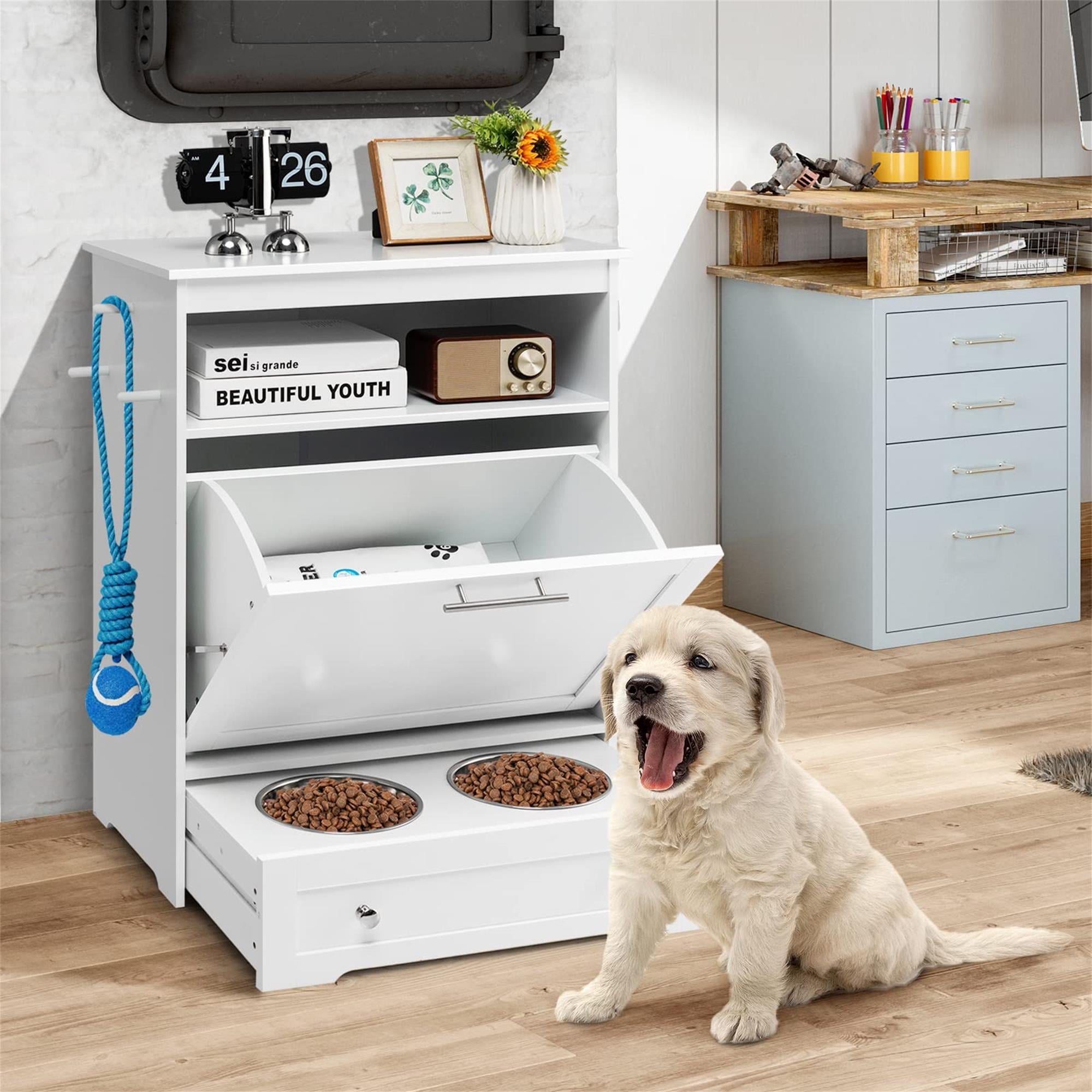 resenkos 32" Dog Feeder Station with Stainless Steel Bowl, Dog Food Storage Container, Pull Out Pet Food Cabinet, White