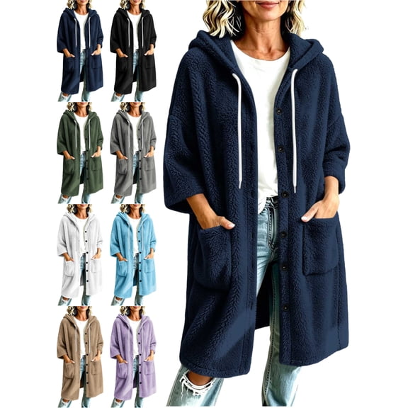 Fleece Coatigan for Women Hooded 3/4 Sleeve Button Down Large Pockets Relaxed Fit Warm Fall Winter Coat