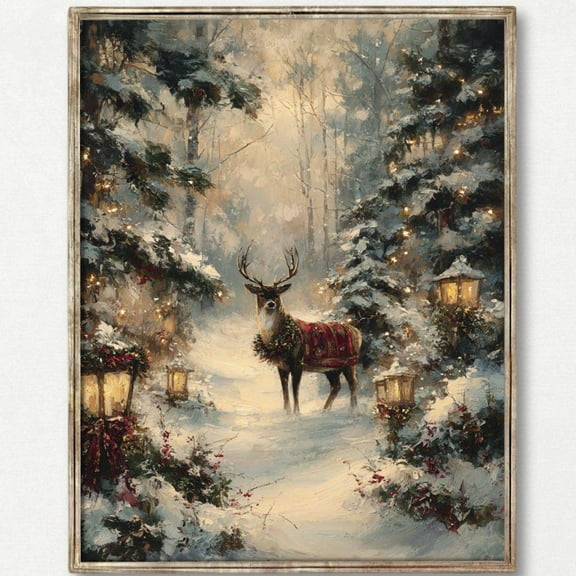 Antlered Reindeer Poster, Rustic Holiday Wall Art, Vintage Farmhouse Winter Landscape Print UNFRAMED Poster, Wall Art for Decor, Present, 8x12
