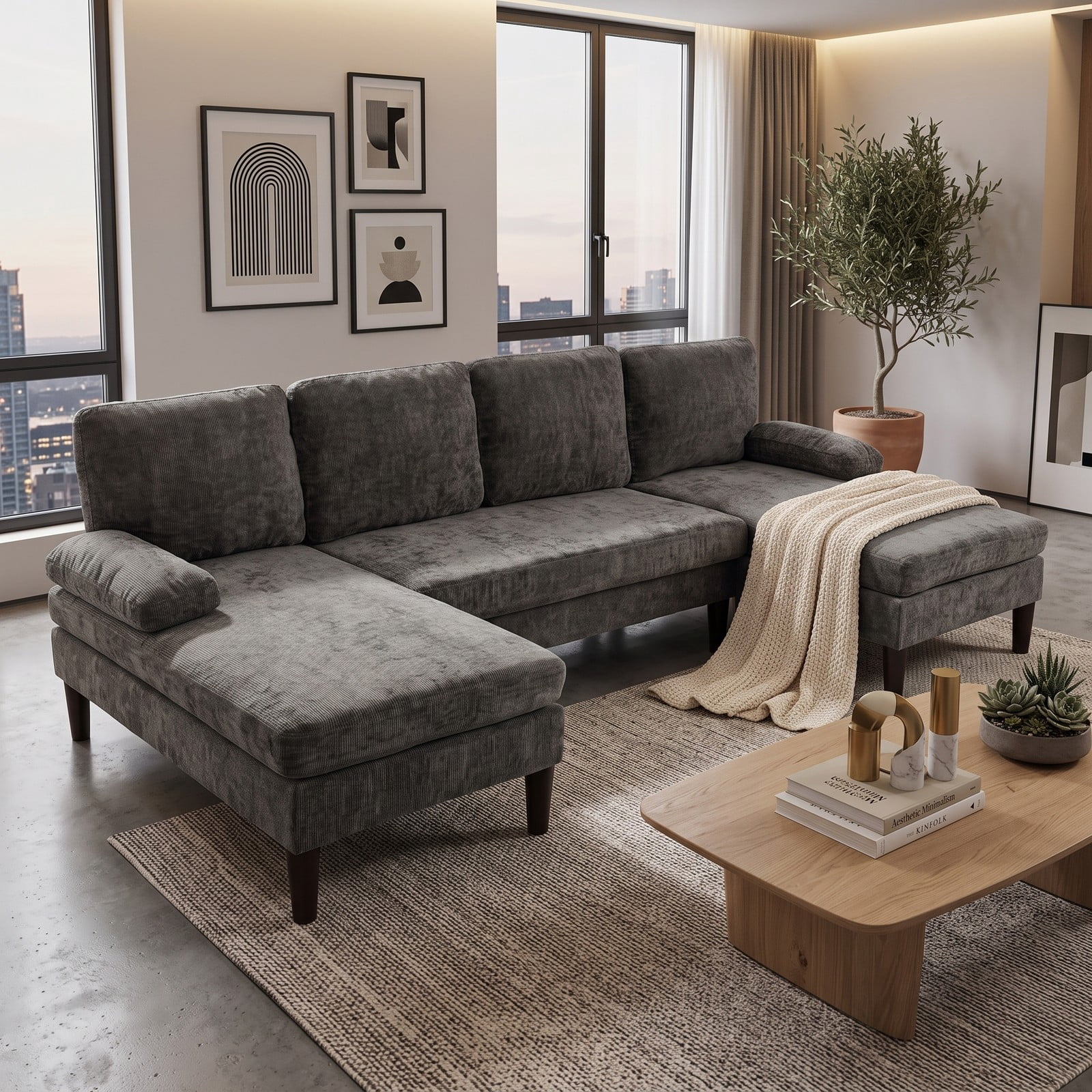 Furnibear U-Shaped Sectional Sofa Couch with Double Chaise Lounge, Modern Chenille Upholstered Modular Deep Seat Sectional Set for Living Room Apartment, Holds, Gray